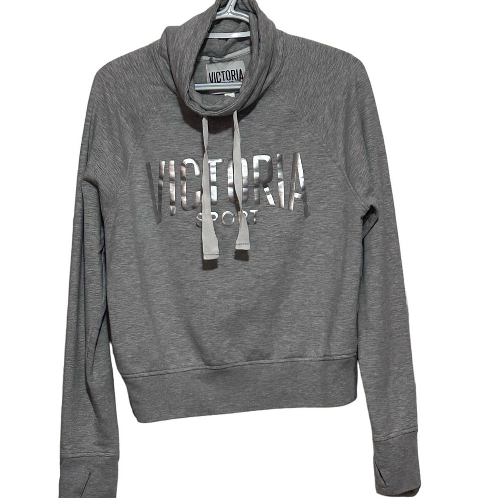 Victoria Sport Women's Gray Silver Hoodie with‎ Funnel Neck & Thumb Hole Size M